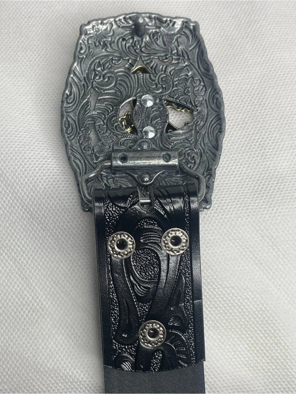 Vintage Western Tooled Big Buckle Belt Size 34 Black Etched Leather Silver Gold